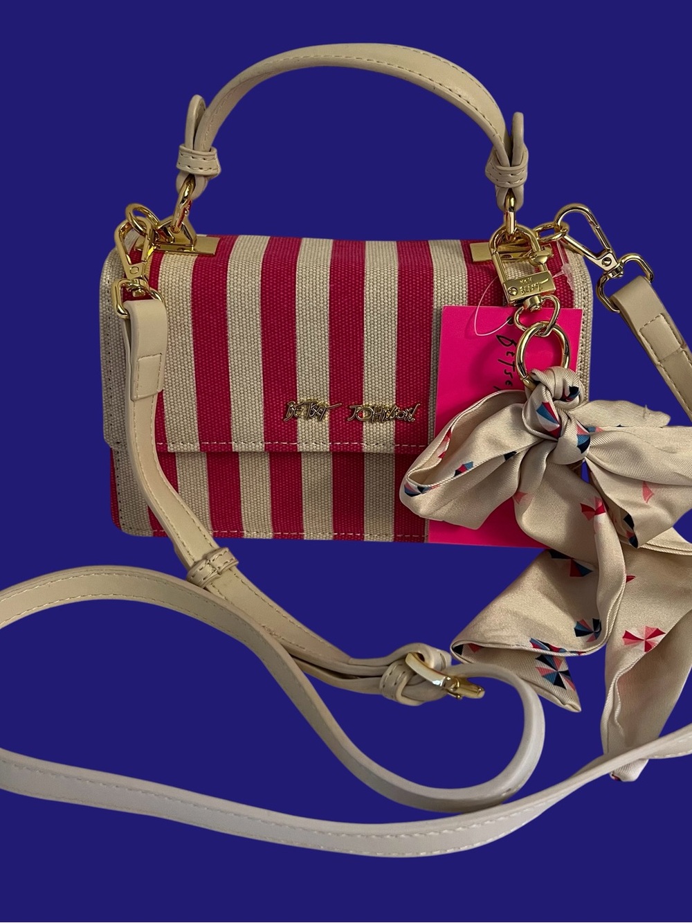 Betsey Johnson Cream & Pink Striped Top-Handle Crossbody
